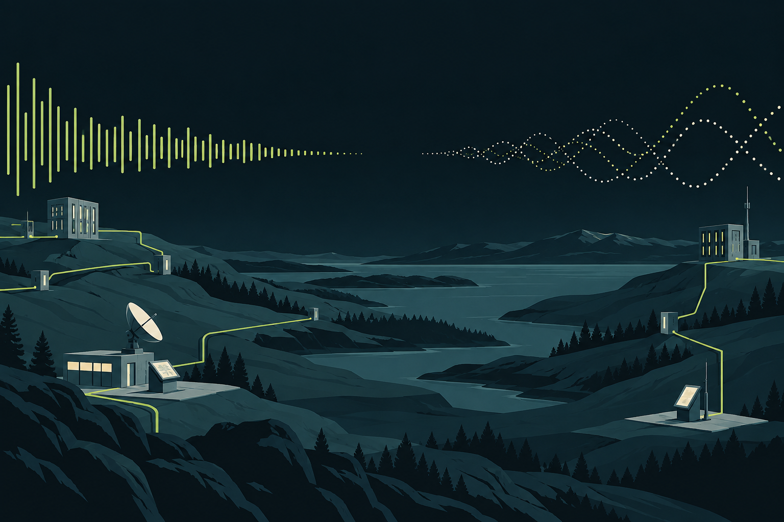 Conceptual Earth-based network with terminals and servers on two shores, and distinct signal patterns approaching an open gap