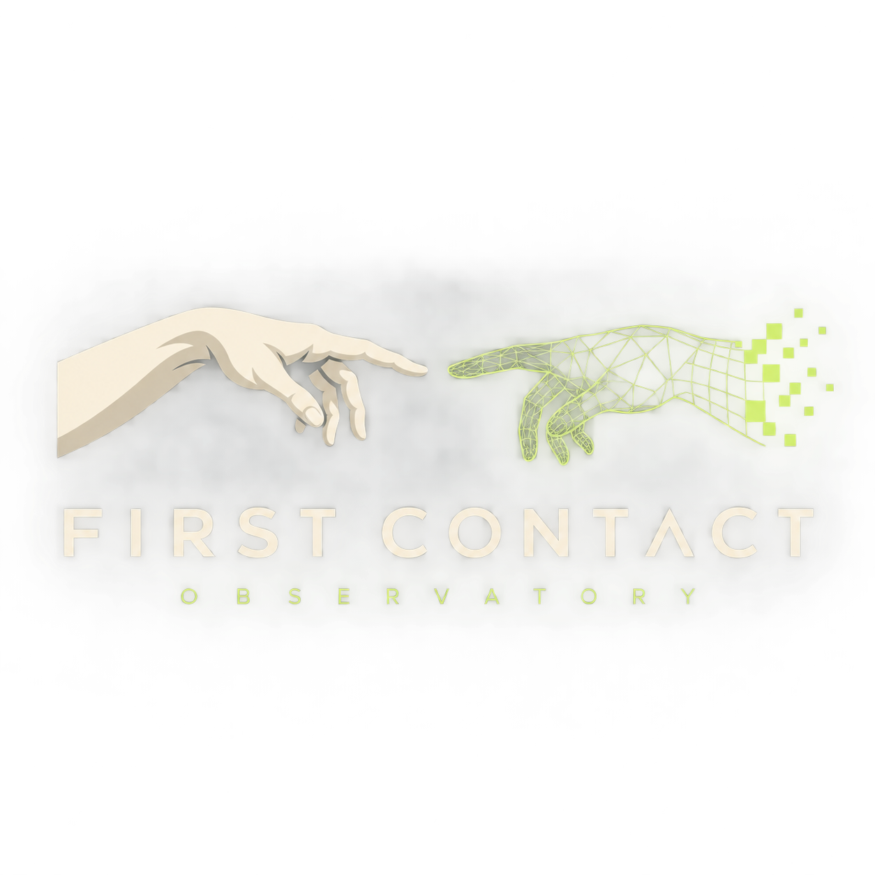 First Contact Observatory: a human hand and a digital wireframe hand reaching toward each other, with a gap between their fingertips