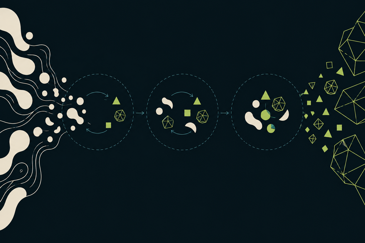 Organic and geometric forms exchanging shapes across three meeting spaces, suggesting shared understanding over time